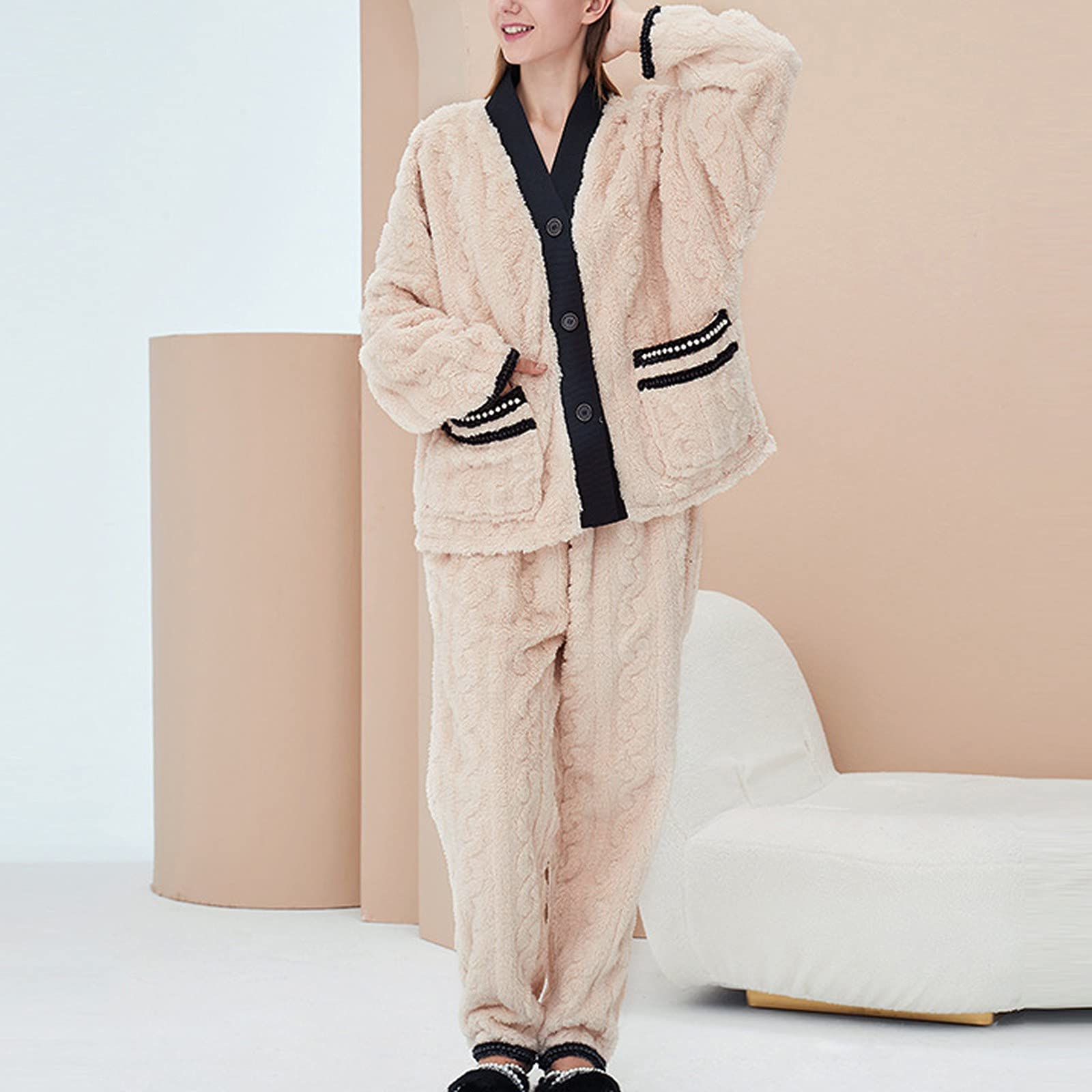 CMBSSTFC Warmer Flanell-Pyjama für Damen, kuschelig Warmer Damen-Pyjama, Winter-Pyjamahose + Langarm-Pullover, kuscheliger Anzug, Zweiteiliger Fleece-Pyjama, Flauschiger Hausanzug für Mädchen