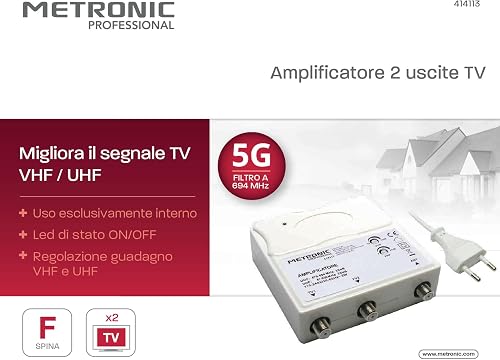 Metronic 414113 Amplificatore TV Vhf/Uhf per Digitale Terrestre con Filtro Lte, Vhf 25Db Regolabili, Uhf 30Db Regolabili, 1 Ingresso/2 Uscite, da Interno, Bianco - 2