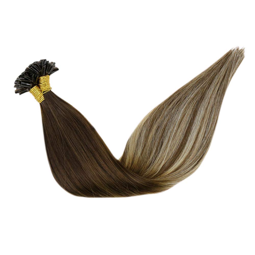 LaaVoo Keratin U Tips Hair Extensions Remy Hair Smooth Straight Nail Tip Hair #3/6/24 Balayage Dark Brown Ombre Medium Brown Mixed Light Blonde (20 Inch/50cm 50GR 1G/S)