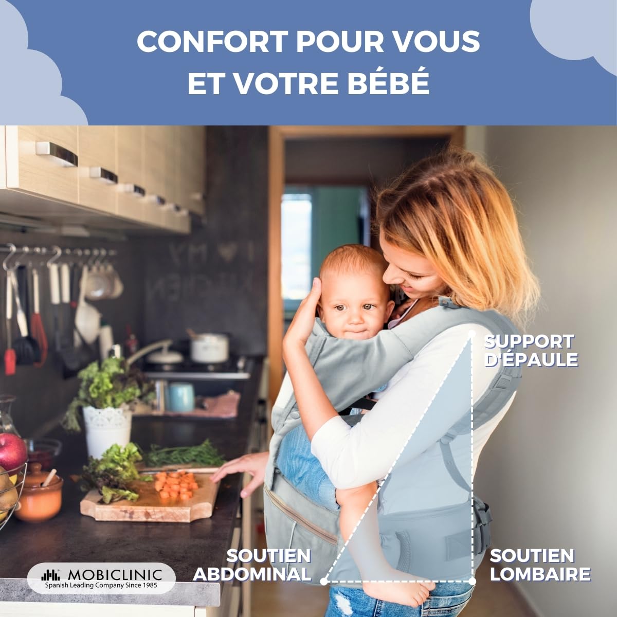 Mobiclinic® kids, Porte-bébé, 6 en 1, Moley, Multiposition, Pliable, Poche zippée, Porte-biberon, Coton premium doux, 0-36 mois, Pour nouveau-nés et enfants (gris)
