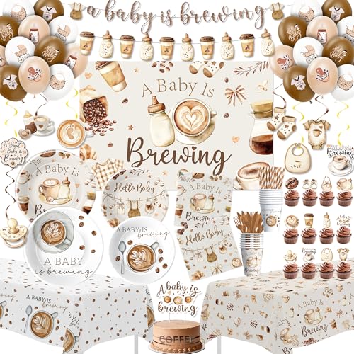 Owelleny Coffee Baby Shower Decorations Coffee Bean Theme A Baby is Brewing Party Supplies for Birthday Plate Napkin Cup Backdrop Banner Tablecloth Swirl Balloon Topper Cutlery Serves 24