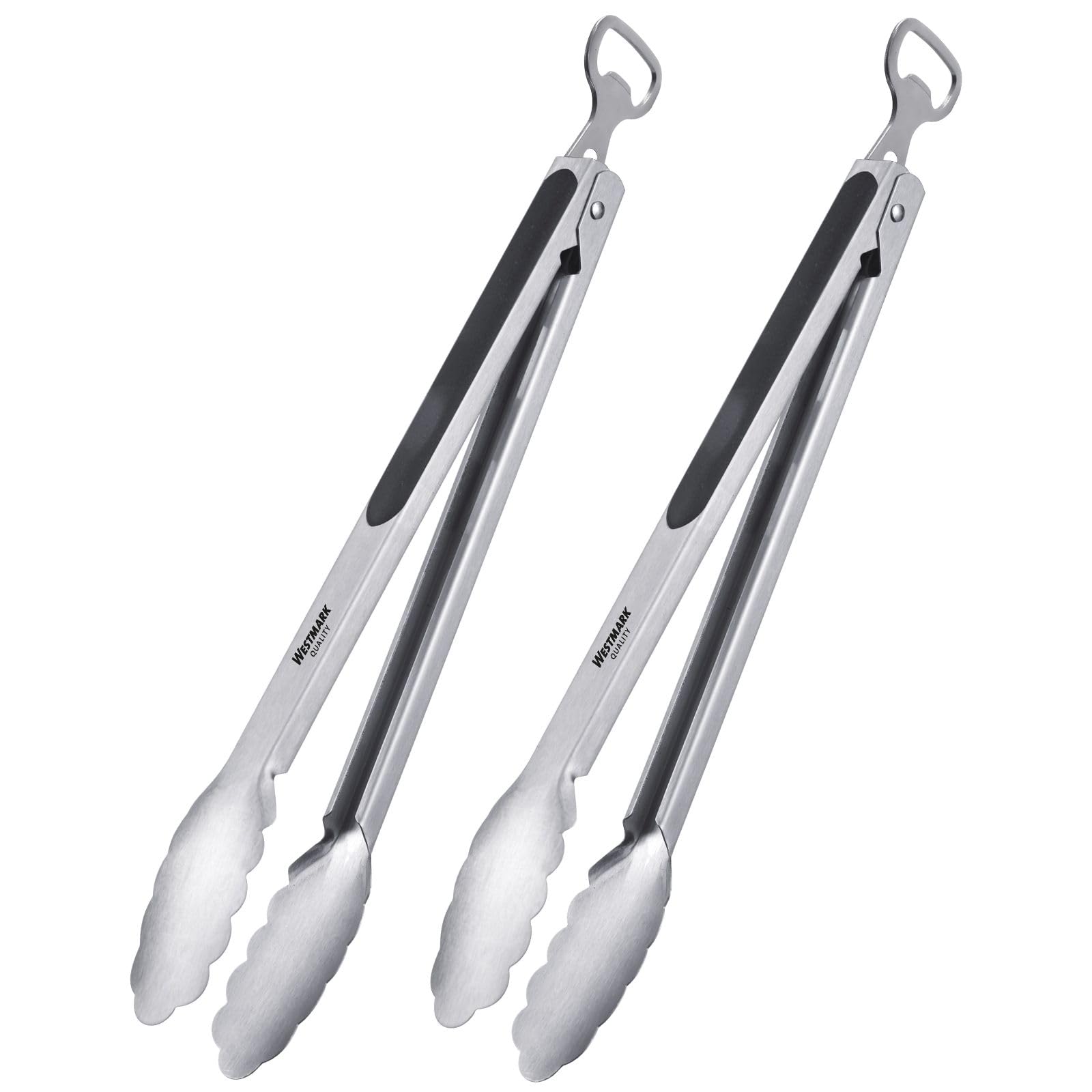 Westmark 2x Grill- u. Servierzange Classic Spezial Mix – Mit Edelstahllaffen und gummierten Griffen, Mit Flaschenöffner, Länge: je 35 cm, Edelstahl/Kunststoff –Silber/Schwarz, 162522EÖ