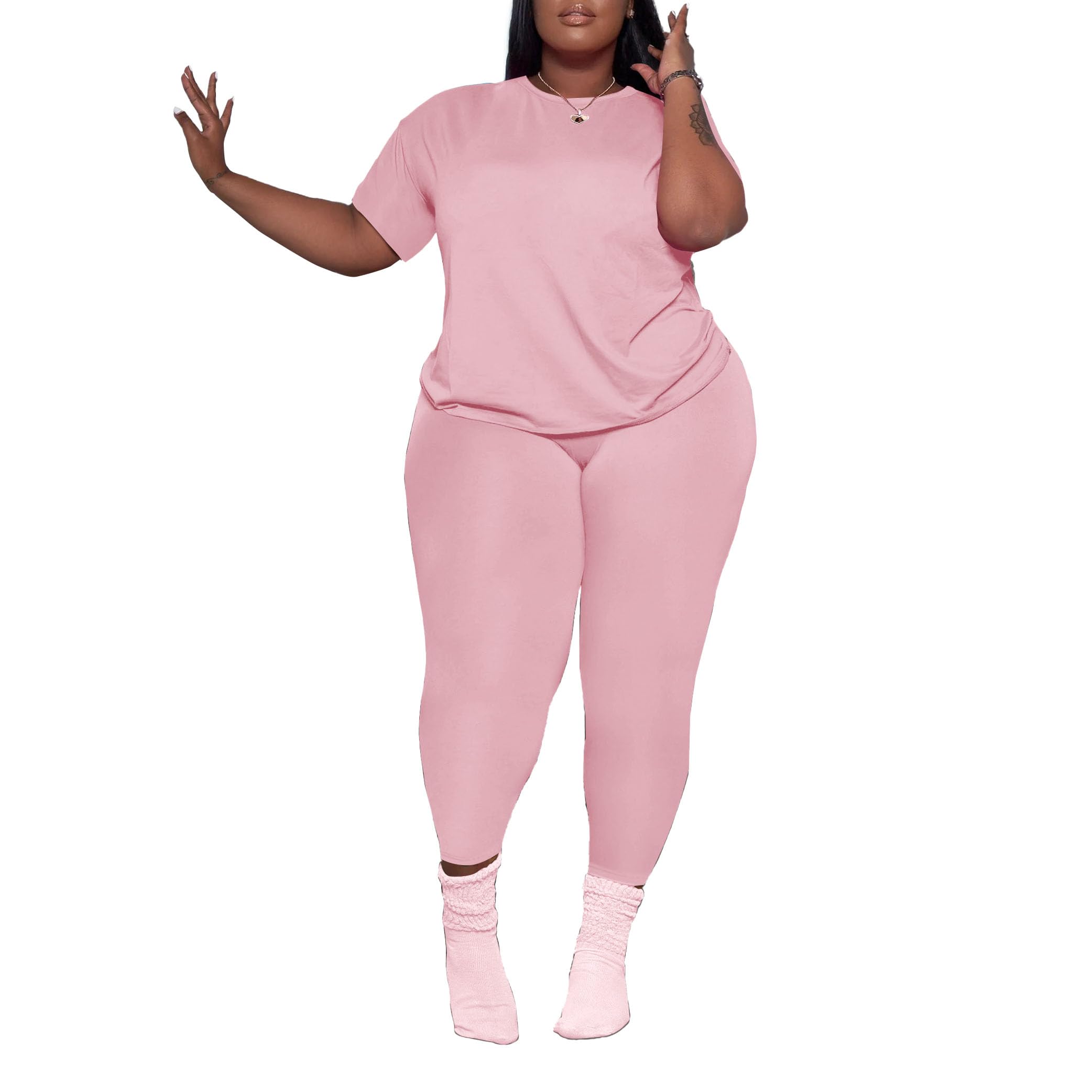 PINSV Womens Plus Size 2 Piece Outfits Tracksuits Short Sleeve Top Pants Sets Sweatsuits