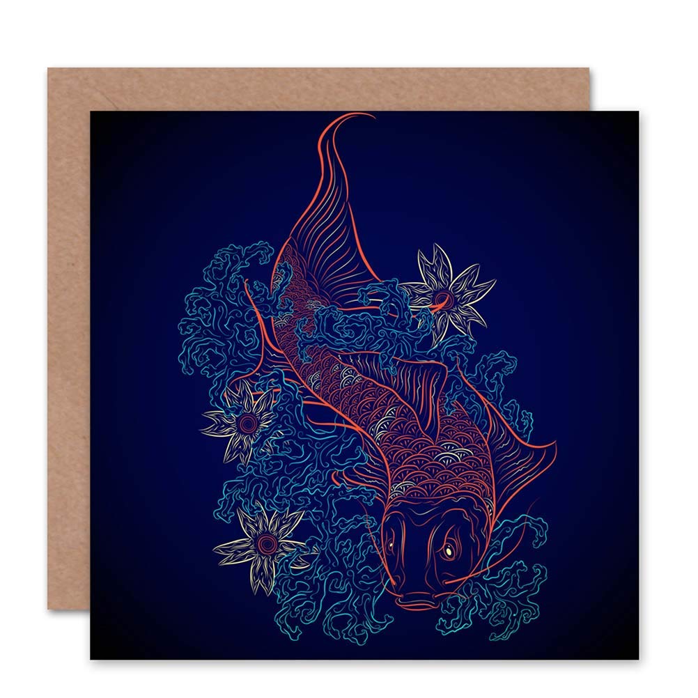 Wee Blue Coo Blue Wee Coo Koi Karp Japanese Fish Pond Flowers Blank Greetings Birthday Card Art