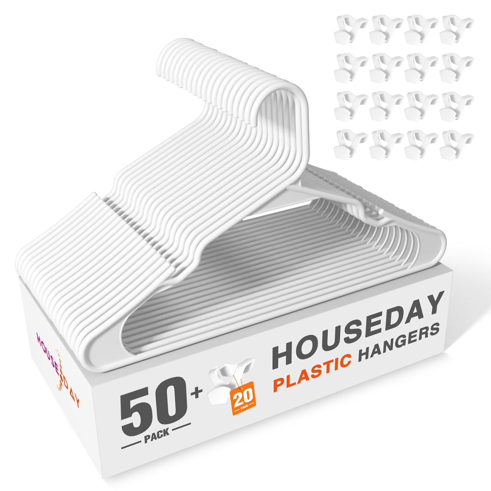 HOUSE DAY White Plastic Hangers 50 Pack with 20 Connector Hooks, Premium Slim Space Saving Closet Organizers, Non-Slip & Heavy Duty Clothes Hangers for Coat, Suit, Shirt, DressGlobal Recycled StandardGlobal Recycled StandardGlobal Recycled Standard