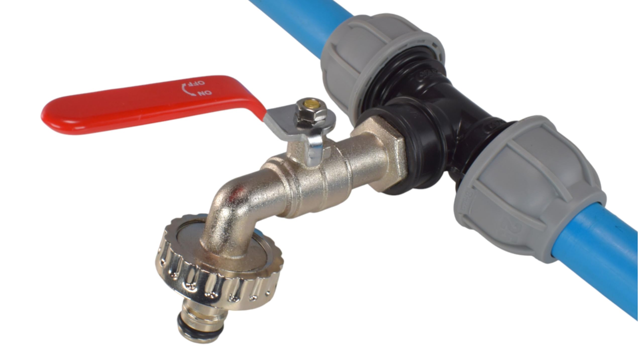 Mdpe Compression Tee with Easy Turn Lever tap Barb/Click Hose Outlet Options,fits 20mm,25mm and 32mm Water Pipe (32mm mdpe tee+Lever tap Click)