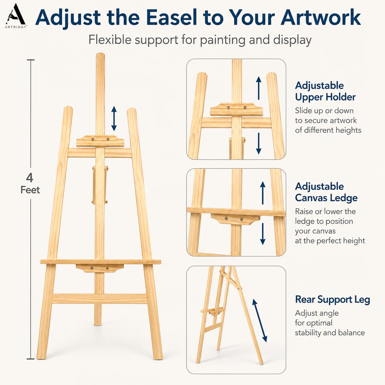 ArtRight Artists 4 Feet Adjustable Wooden Easel Painting Stand for Painting & Display (Unassembled) - 4 Ft (48") Large Studio Easel Stand, Holds Canvas up to 35 Inches, Beechwood 4
