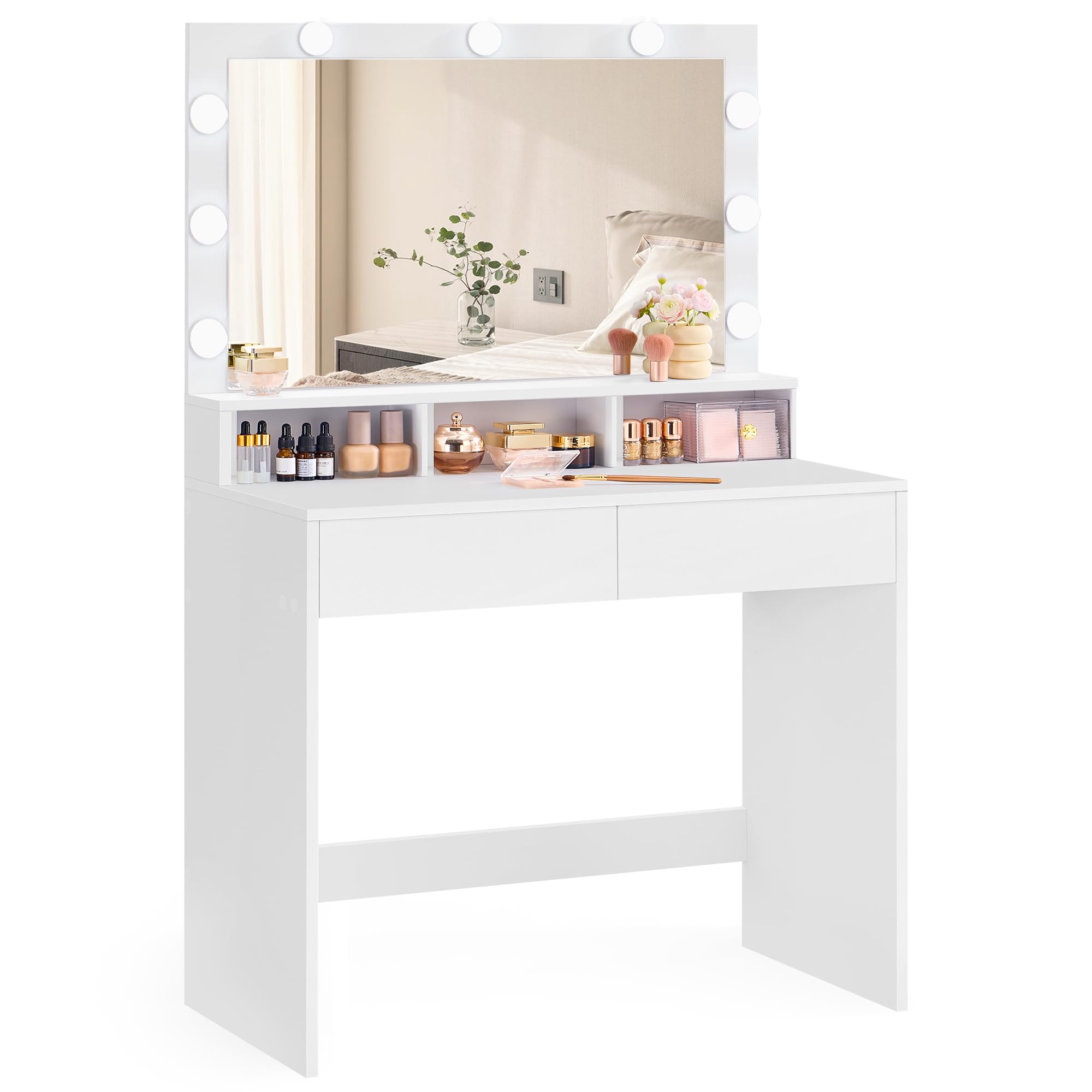VASAGLE KAILYN Collezione - Tavolo da Trucco, Toeletta con Luce LED, Regolabile a 3 Colori, con Specchio, Tavolo Cosmetico con 2 Cassetti e 3 Scomparti Aperti, Bianco Nuvola RDT120WB01
