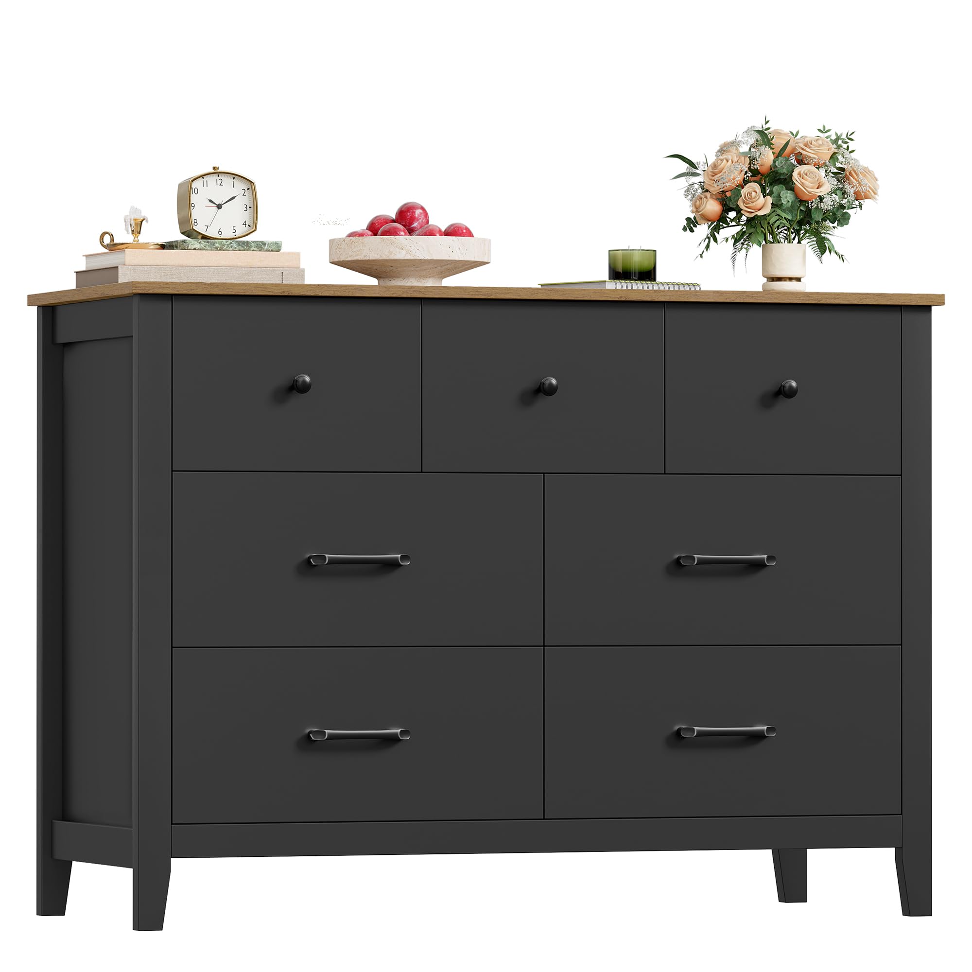 Czarna komoda z szufladami, komoda z 7 szufladami, meble na szelkach, idealna do sypialni, salon, korytarz, nowoczesny design, 106 x 40 x 81 cm