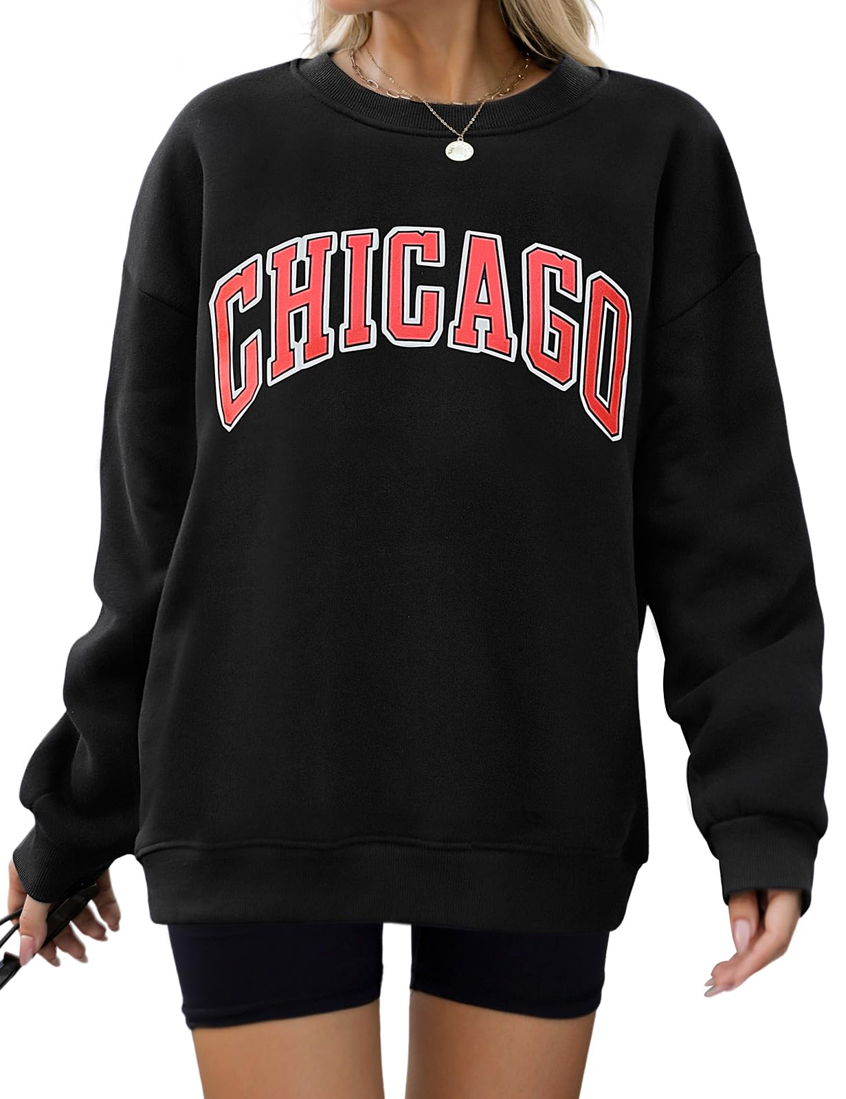 UMIPUBOWomens Sweatshirt Fleece Long Sleeve Oversized Sweatshirts Pullover Crewneck Casual Loose CHICAGO Warm Jumper Hoodies Tops Plus Size for Ladies Autumn Winter