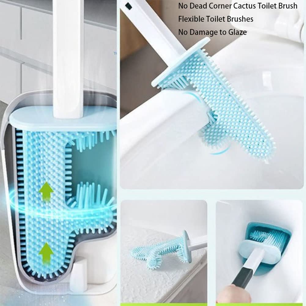 Set scopino per WC in Silicone con Supporto - Detergente per WC a Forma di Cactus Flessibile a Manico Lungo per Una Pulizia Profonda - Scopino per Il Bagno (Bianco)