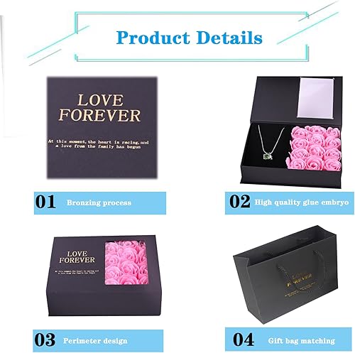 Miniatura 10 de Caja de regalo de joyería con tapas, caja de regalo para mujer, romántica rosa preservada de San Valentín, caja de embalaje con 12 rosas para el día