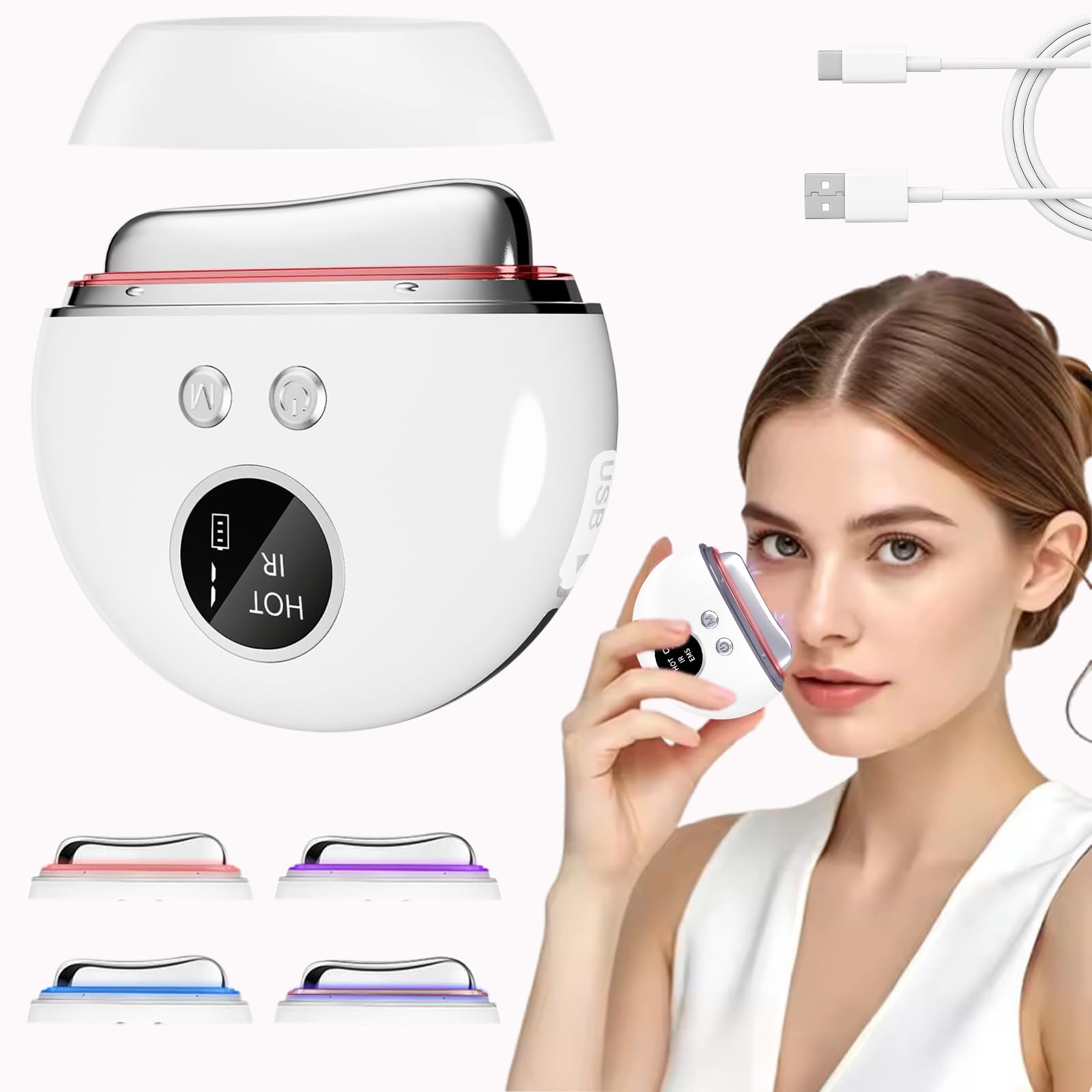 Guasha facial, masajeador facial masajeador facial antiarrugas raspador facial 4 en 1 con 4 luces y 9 niveles de intensidad ajustables para tratamientos antienvejecimiento, antiarrugas y antiedema