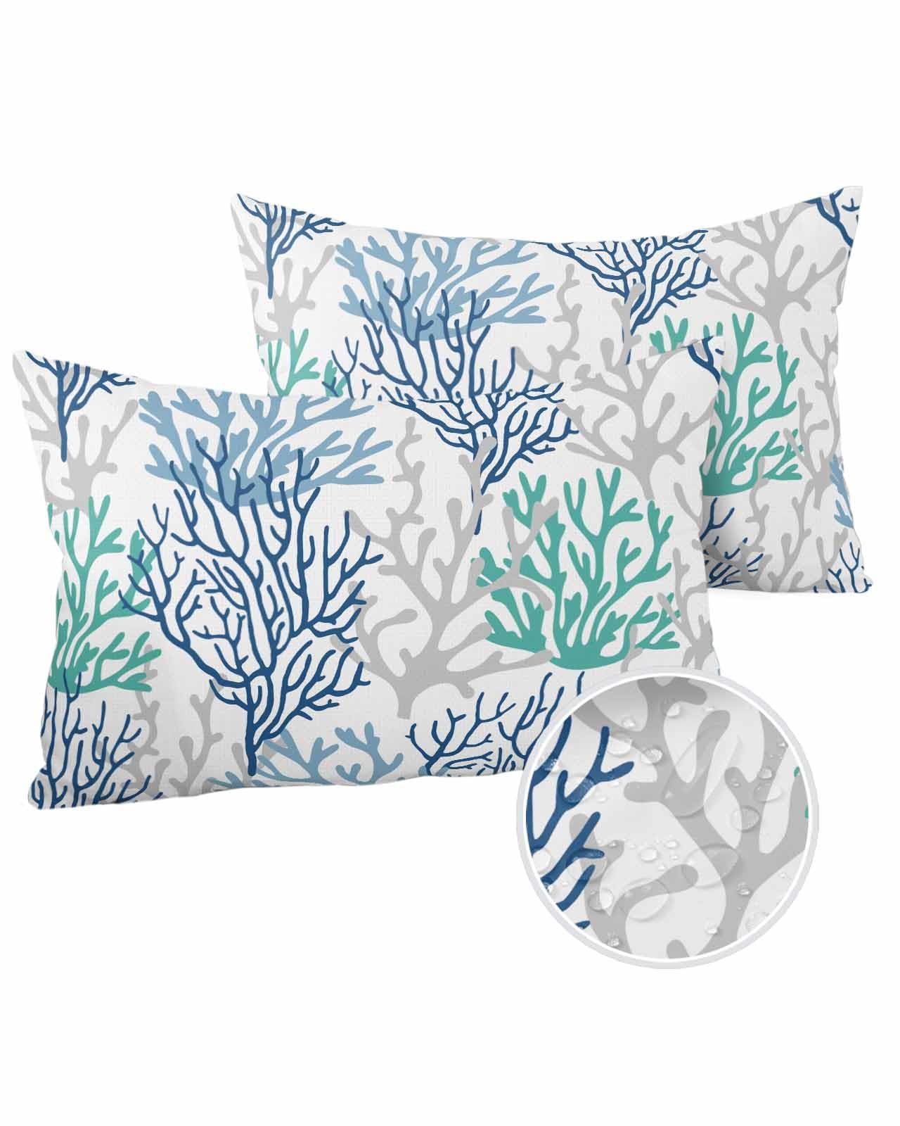 Boanket Lumbar Pillow Covers 12 x 20 in, Blue Teal Grey Coral Coastal Waterproof Throw Pillow Cover Set of 2, Summer Beach Nautical Home Decorative Rectangle Cushion Covers for Patio/Couch/Garden