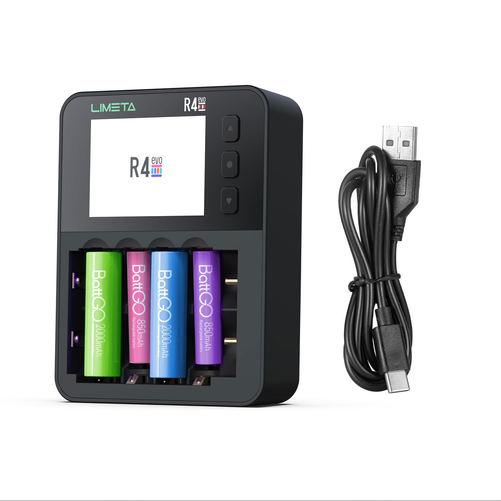 LIMETA R4EVO Carica Batterie Ricaricabili AA e AAA 18650 Ni-mh Li-ion Caricabatterie Rapido per pile Ricaricabili, Caricabatterie Intelligente con Display Funzioni di Scarica Analisi e Rigenerazione