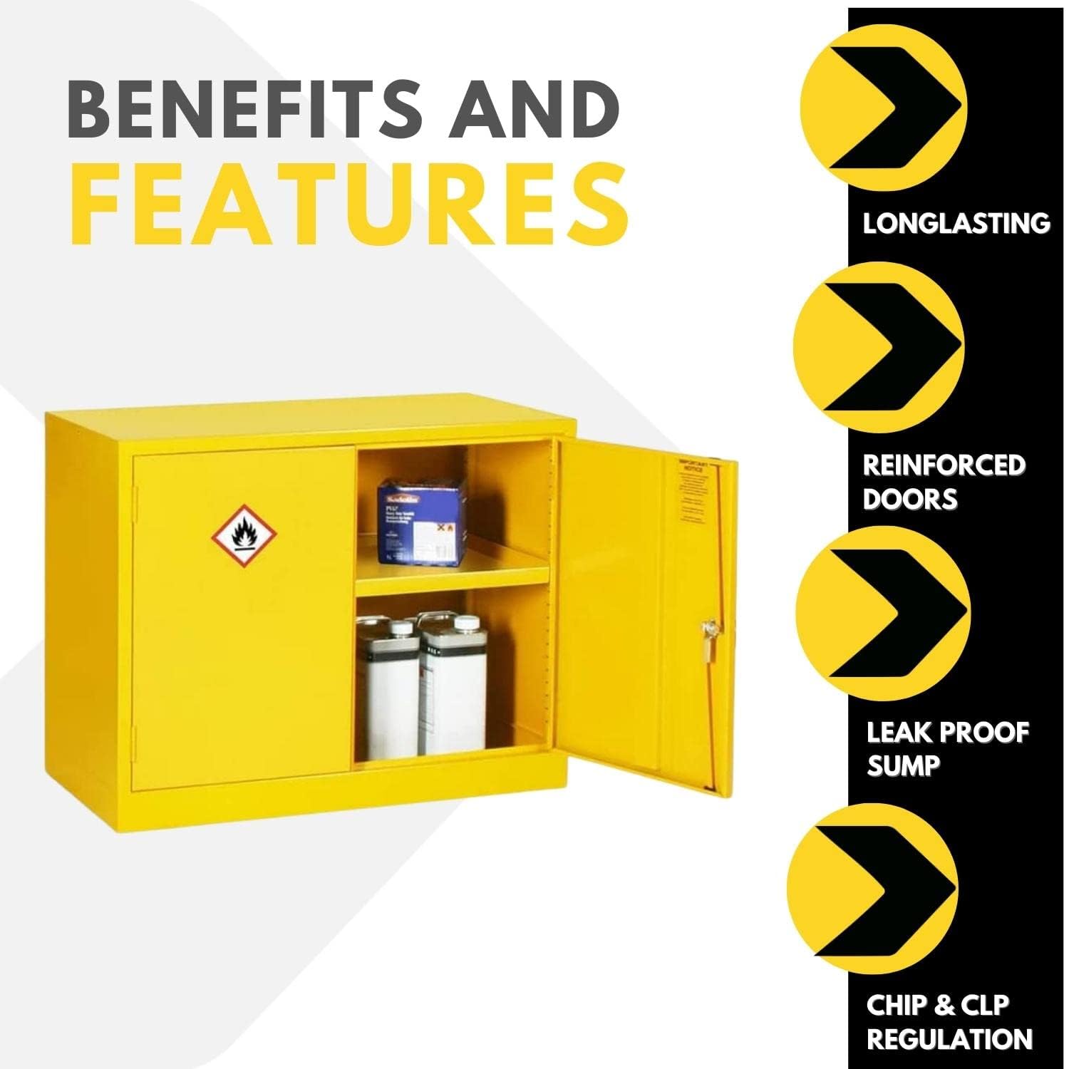 Mini armario COSHH para productos químicos inflamables, almacenamiento de seguridad de 1 estante, diseño amarillo de alta visibilidad, esencial para almacenamiento de materiales peligrosos