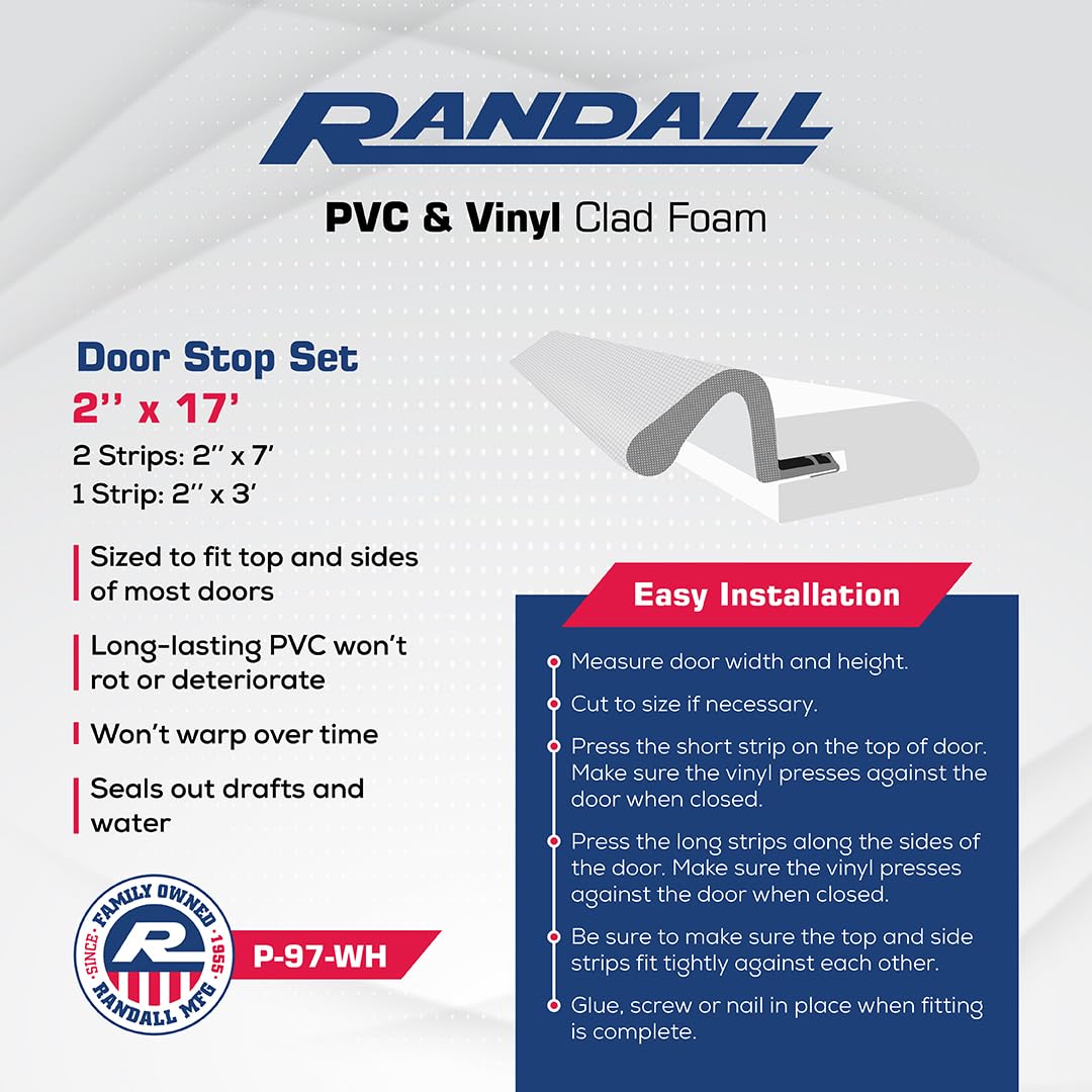 Door Weatherstripping Set with PVC Carrier and Foam Gasket in White | Door Draft Stopper for Sides and Top | Foam Weather Stripping Door Seal | Two 7 Foot and One 3 Foot Piece Fits Most Doors