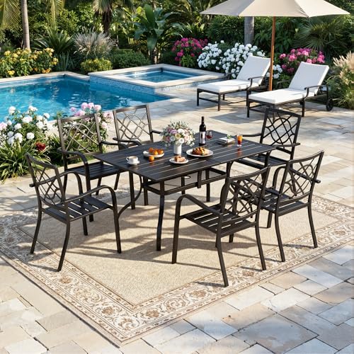 Image of SUNCROWN 60 inchx37 inch Black Patio Outdoor Dining Table Metal Steel Slat Rectangular Bistro Table for Porch Deck Garden Backyard Poolside, 1.57 inch Umbrella Hole