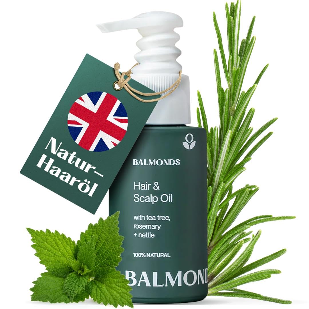 Balmonds Haar & Kopfhaut Haaröl 50 ml | Mit Rosmarinöl, Teebaumöl & Ätherischen Ölen | 100% Natürlich & Vegan | Pflegendes Haaröl für Trockene, Schuppige Kopfhaut | Auch bei Psoriasis & Ekzem