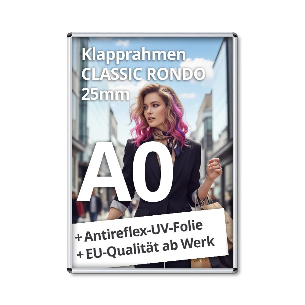 A0 Klapprahmen DIN A0 Plakatrahmen 25 mm silber | mit Antireflex-UV-Folie | Posterrrahmen aus Alu mit abgerundeten Ecken | inkl. Schrauben & Dübel | Wechselrahmen A0 Hoch- & Querformat