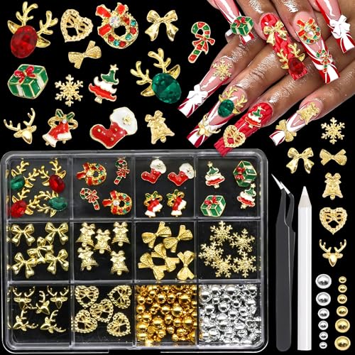Image of RODAKY Christmas Nail Charms 3D Trees Bell Gem for Nails Cute Elk Gloves Nail Art Charms Gold Snowflake Bow Xmas Nail Jewelry for Women DIY Manicure Decorations