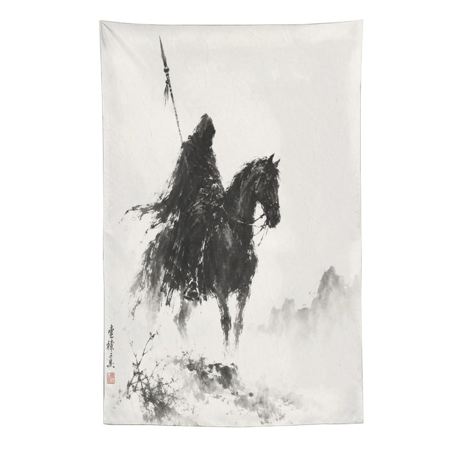 W7C8U2X3 Horseman Ink Silhouette Wall Tapestry, Asian Ink, Living Room