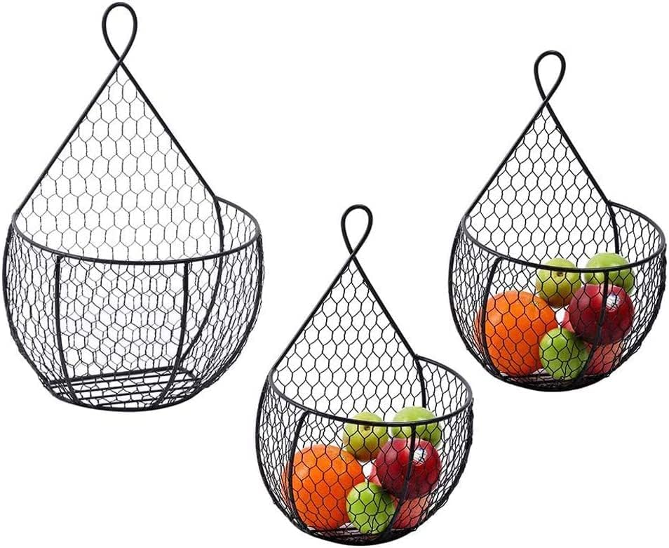 ERYTLLY Metal Fruit And Vegetable Storage Hanging Basket Wall Mounted, Hanging Basket For Kitchen Black Wire Baskets for Flowers, Fruits and Veggies - Set of 3