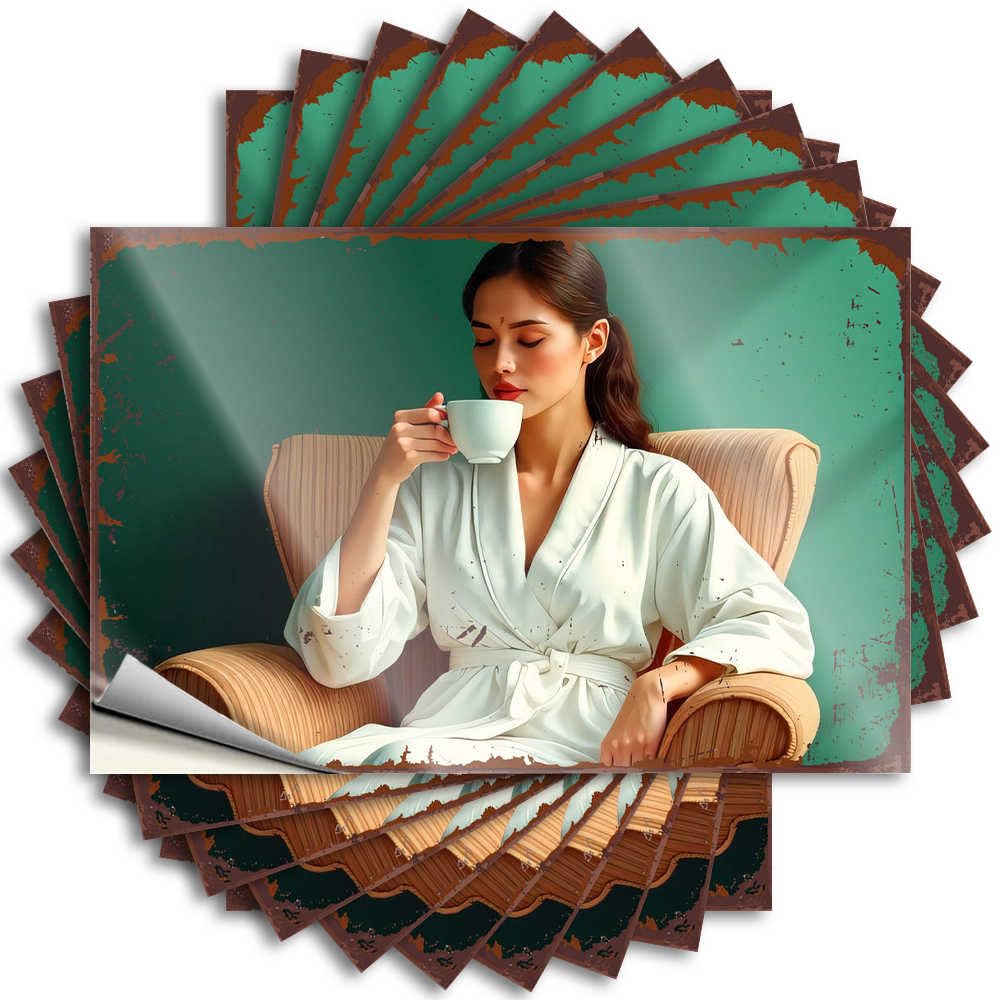 Love Decor, Sticker Checkered Door Relaxing Morning: Woman in Robe Enjoying Tea | Sweet Waterproof Vinyl Stickers(12X18CM)