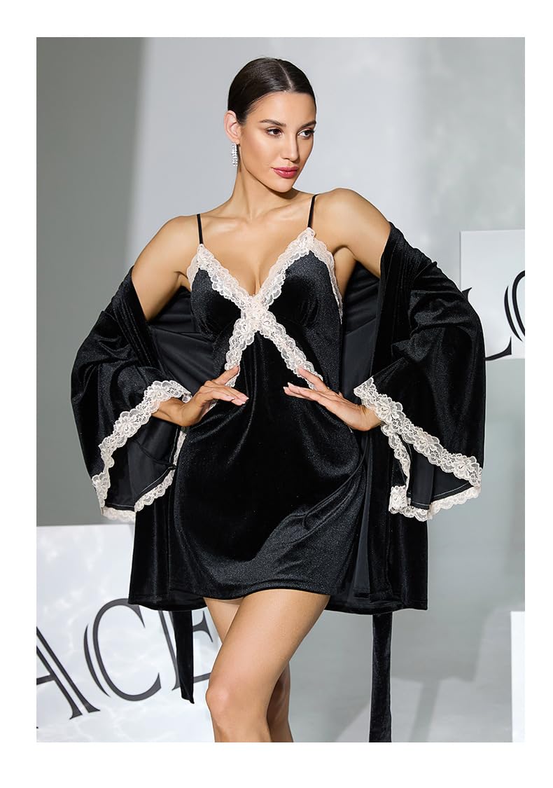 Robe De Chambre Femme Ensemble Deux Pièces Robe De Chambre Et Nuisette en Velours À Manches Cloche Et Bordure en Dentelle Croisée pour Femme