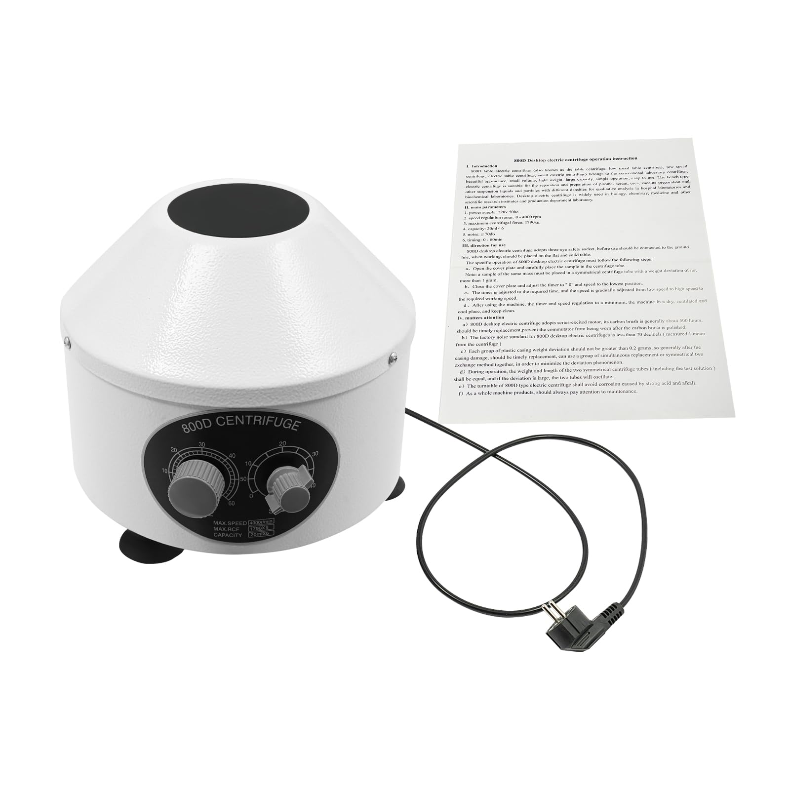 4000 rpm centrifuga da laboratorio con timer, centrifuga elettrica da laboratorio con rotore da 6 x 20 ml, centrifuga da tavolo per plasma, siero, vaccino (220 V, 1790 g, timer da 0 a 60 minuti)