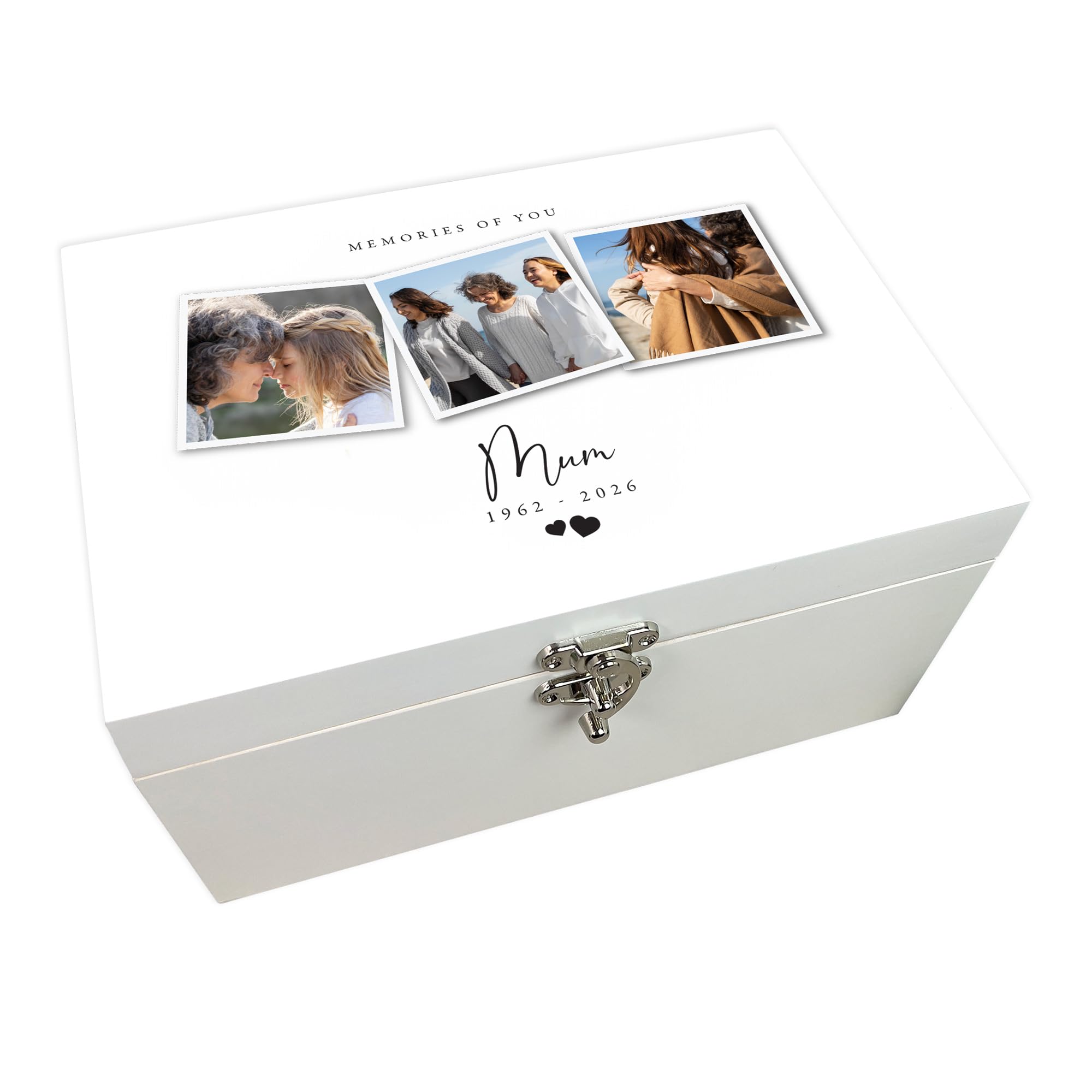 Personalised White Wooden Memorial Photo Keepsake Memory Box | Customizable Bereavement Gift Remembrance Memorial | Metal Hinges and Clasp | Custom Name Date | W30cm x D23cm x H18cm