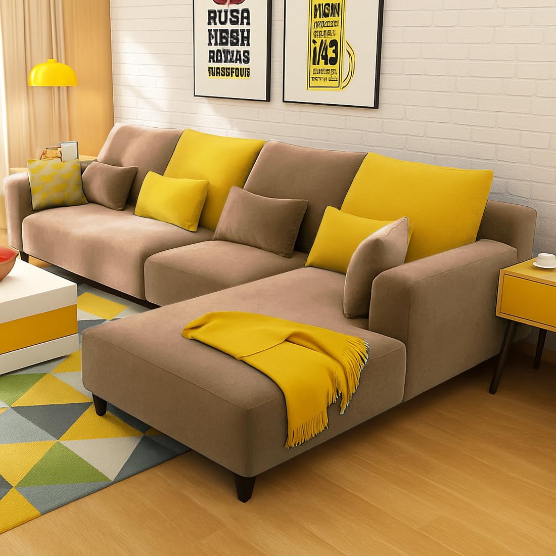 FURNY Mintora 6 Seater Fabric RHS L Shape Sofa Set (Camel) with Extra Cushions | Premium Velvet Finish | Ideal for Living Room FURNY Mintora 6 Seater Fabric RHS L Shape Sofa Set (Camel) with Extra Cushions | Premium Velvet Finish | Ideal for Living Room