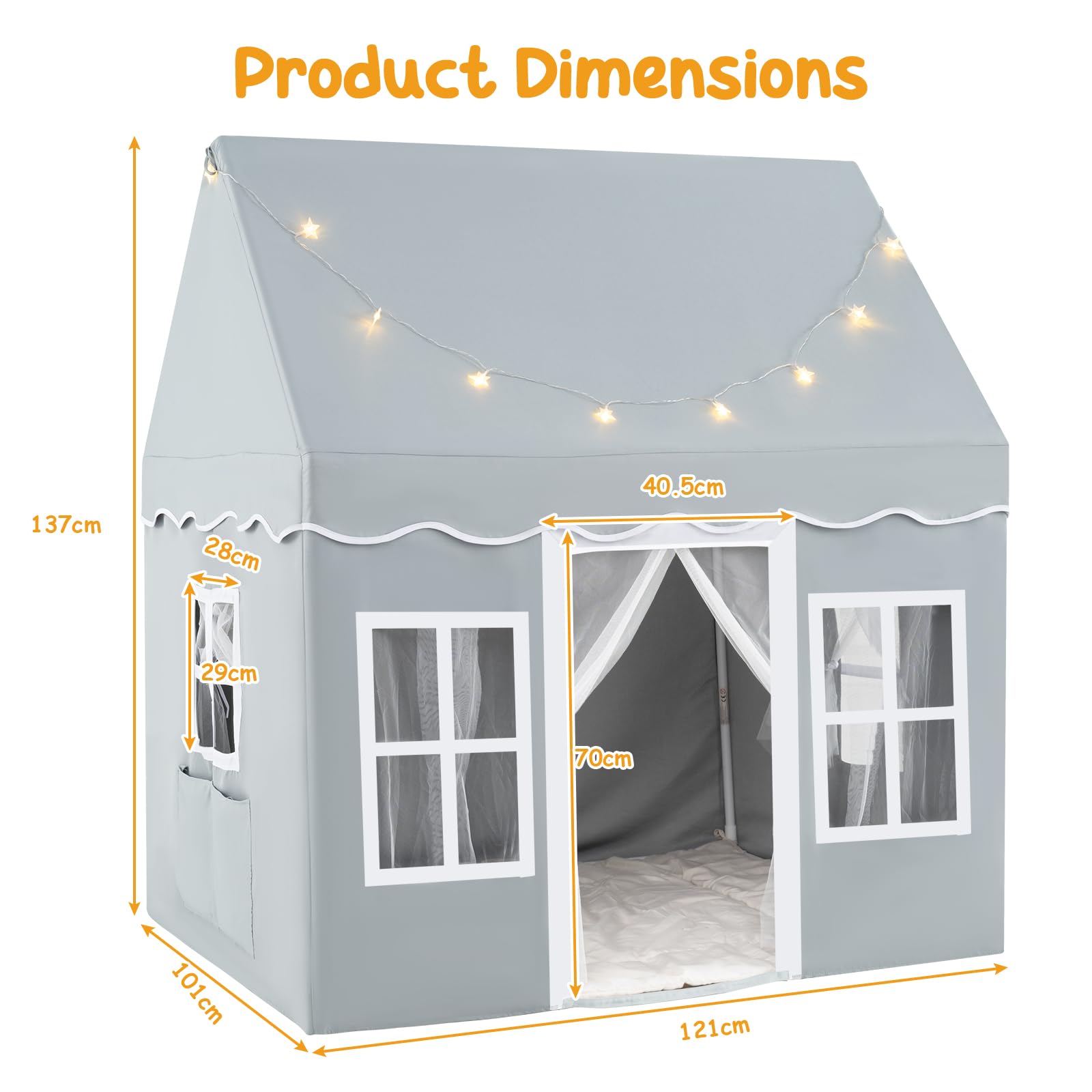 HOMASIS Kinderzelt Baumwolle, Kinder Spielhaus mit Sternenlichtern, Tragetasche & Vorhang, Spielzelt Prinzessin für Jungen & Mädchen, Indoor Kinderspielzelt Kinderspielhaus (Grey, ohne Matte)