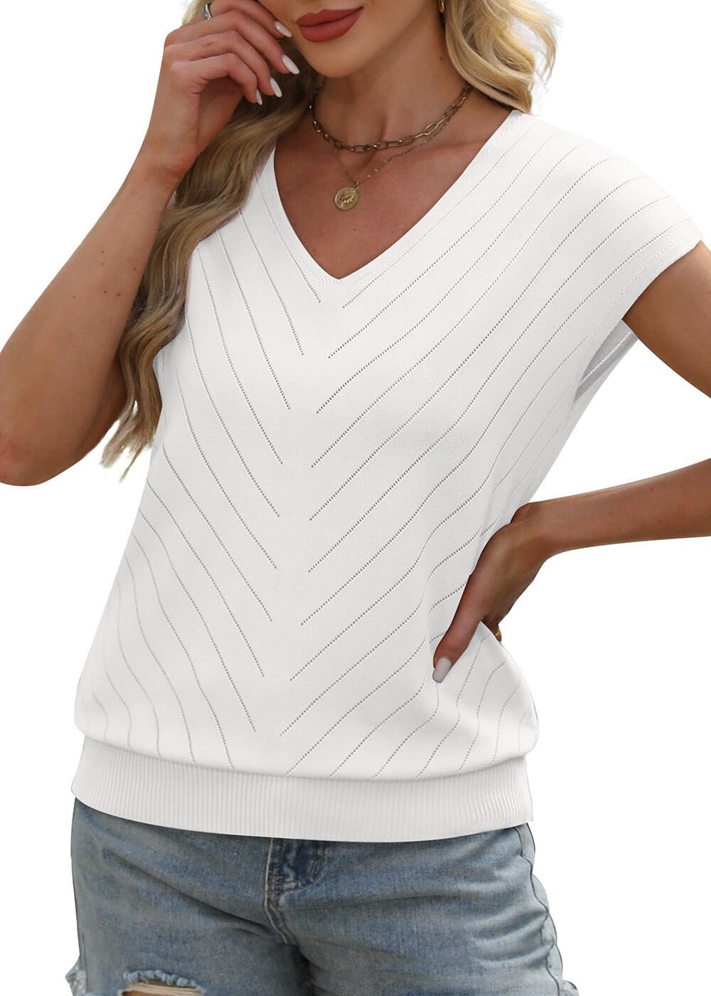 WIHOLL Short Sleeve Sweater for Women V Neck Trendy Summer Tops 2025 Beach Vacation Clothes Travel Business Casual Outfits White Large image 4 of 5 B0F23LHRBX