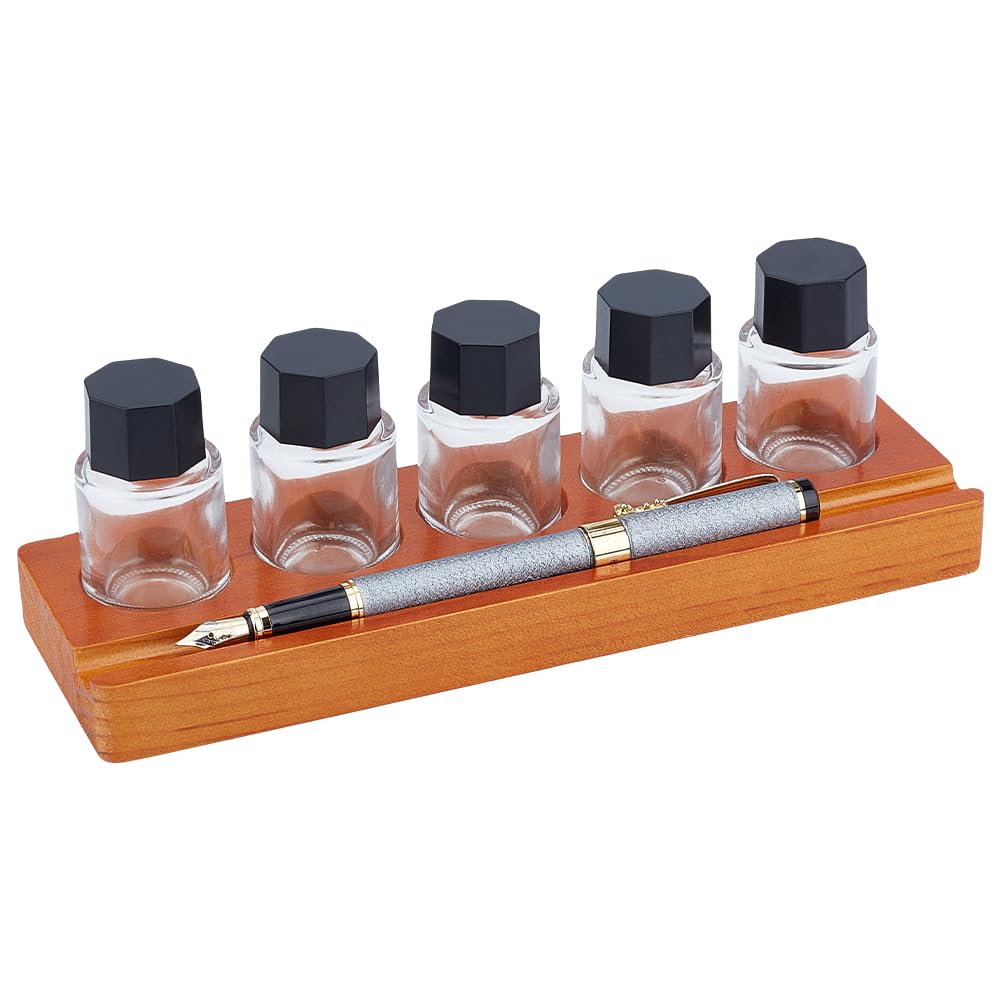 BENECREAT 5-Hole Calligraphy Ink Pot Holder Set, Wood Bottle Organizer Stands & 5Pcs Glass Fountain Pen Ink Bottle15ml/ 0.5oz Decorative Desk Organizer for Office and Home Writing