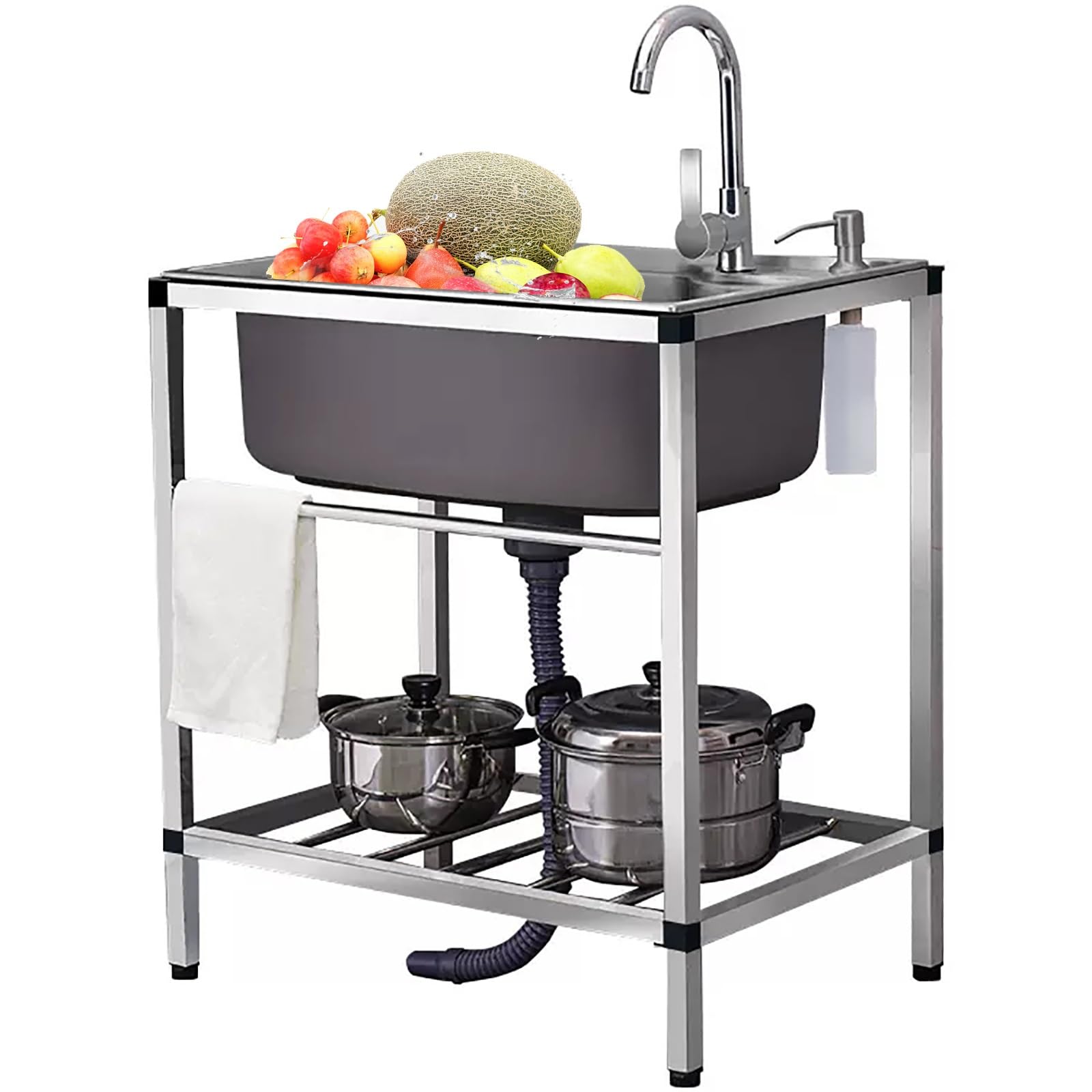 WDSOPK 304 Stainless Steel Sink,Commercial Sink,Stainless Steel Single Bowl,Stainless Steel Commercial Kitchen Prep & Utility Sink with Faucet,for Kitchen Bathroom Restaurant (Single Cold 58 * 43cm)
