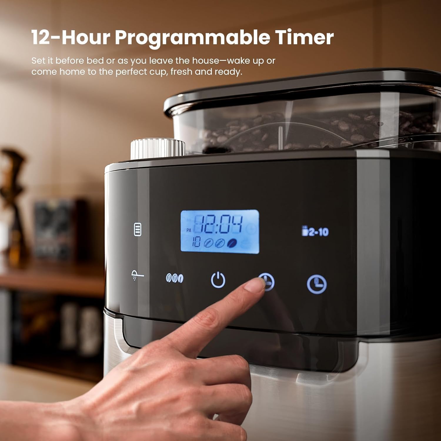 Kismile 10-Cup Digital Drip Coffee Maker with Built-In Grinder, Programmable, 12H Timer, Keep-Warm Function, Customizable Strength & Grind Size, Coffee Machines with Smart LED Touchscreen