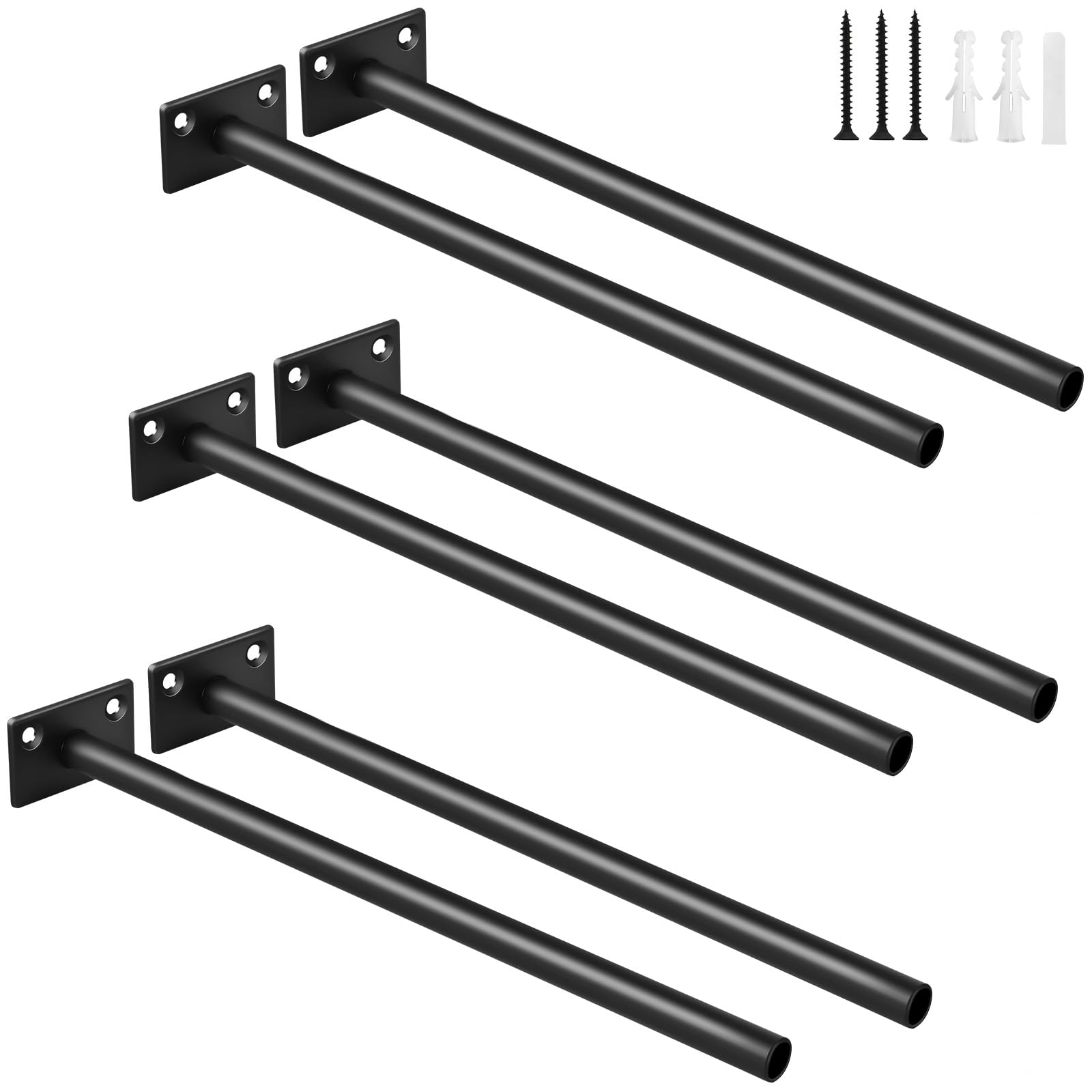 6 Pcs 10" Black Steel Floating Shelf Bracket Blind Shelf Supports - Hidden Brackets for Floating Wood Shelves - Concealed Blind Shelf Support – Screws and Wall Plugs Included
