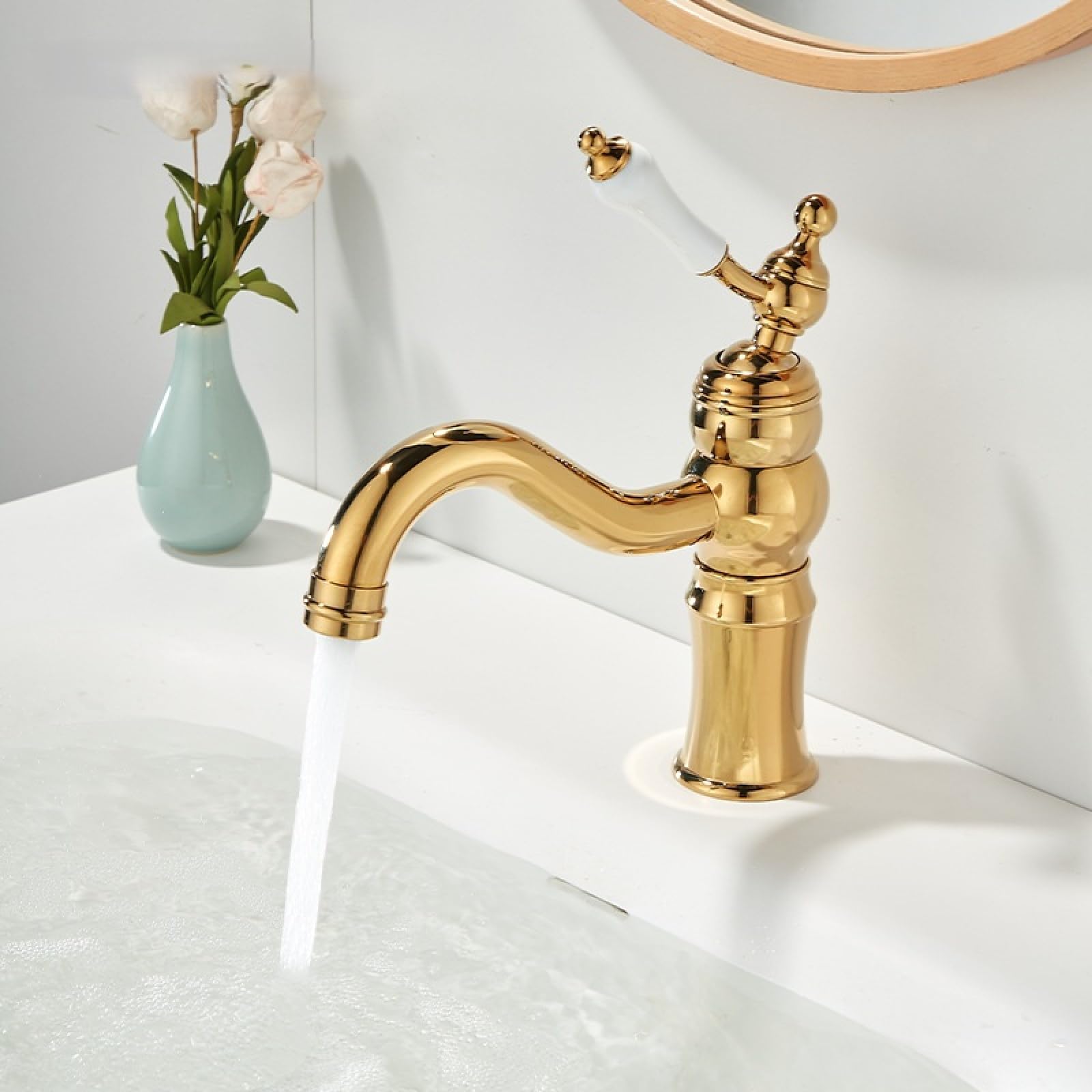 Fanjubei Gold Ceramic Handle Style Bathroom Washbasin, Brass Hot And Cold Basin Faucet,