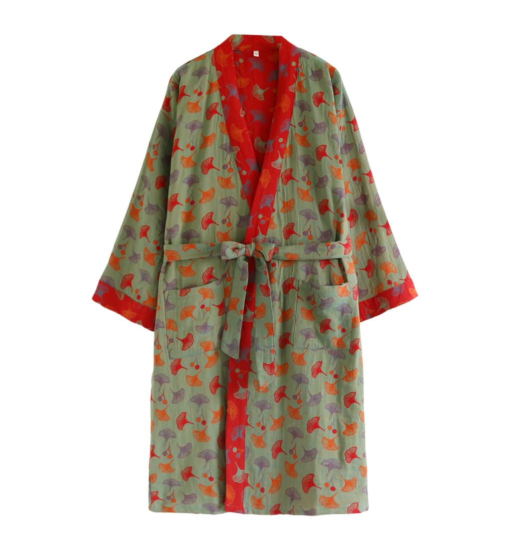 PRINCESS BRIDE Bata tipo kimono de algodón teñido de hilo jacquard elegante bata de baño tradicional suelta Yukata de longitud media para mujer 165/88A/L (verde-rojo)