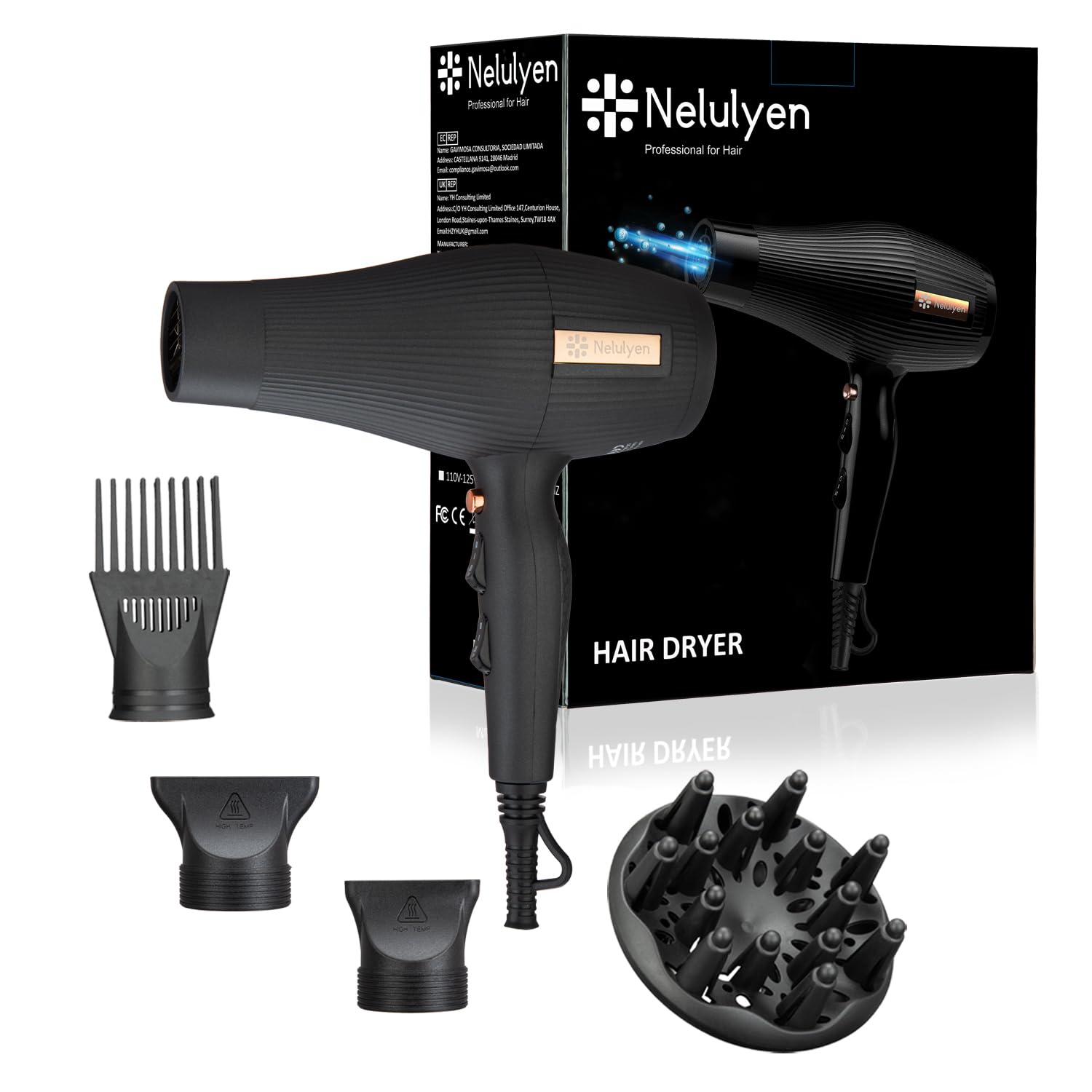 Secador de pelo secador de pelo iónico 2400 W, 2 velocidades, 3 ajustes de calor, 2 concentradores con 2 boquillas concentradas, 1 difusor, 1 cabezal de peine para salón de casa (negro)