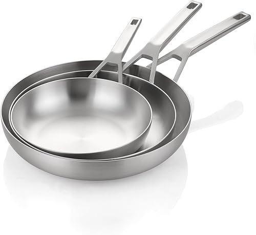 Yeksum Juego de sartenes de acero inoxidable sin revestimiento de tres capas, sartén de chef de 8 + 10 + 12 pulgadas, sartén de inducción, apto para