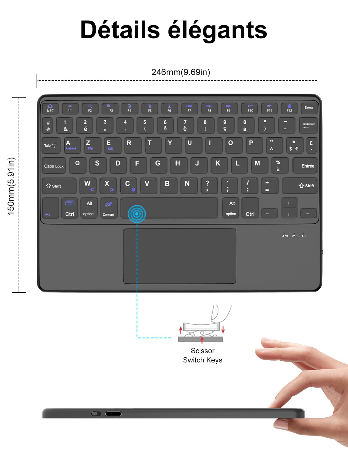 FOGARI Panel dotykowy Klawiatura Bluetooth Tablet 10", AZERTY Francuska Klawiatura