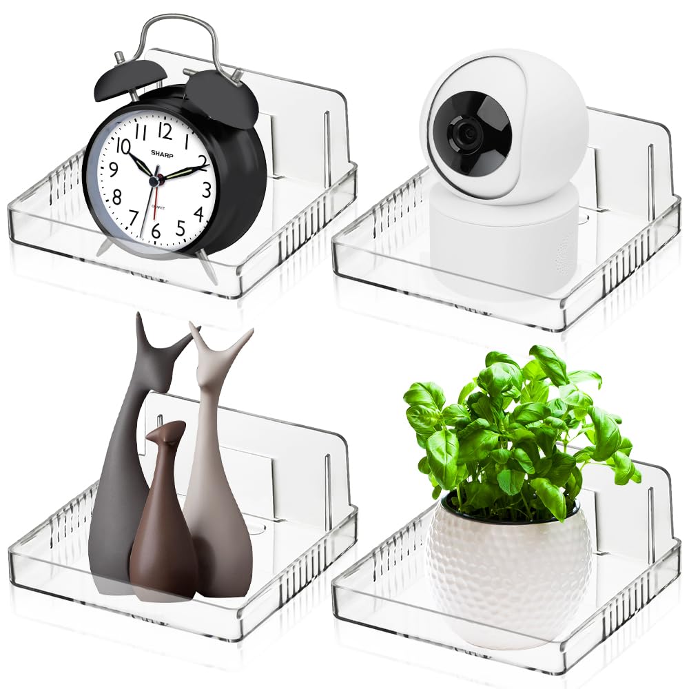 4Pcs Wall Mount Floating Shelves Adhensive Hanging Shelves Display Ledges Small Clear Storage Shelf for Security Cameras Baby