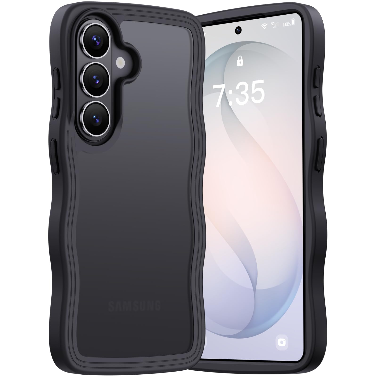 Aunote Galaxy S26 ケース 波型 うねうね かわいい 韓国 ソフト 軽量 耐衝撃 指紋防止 ストラップホール付き 半透明マット おしゃれ ウェーブ カバー スマホ ギャラクシーS26 ケース ブラック