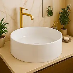 Pia Cuba Para Banheiro Cuba de Sobrepor 35cm Apoio Lavabo Redonda Mármore Sintético Branca