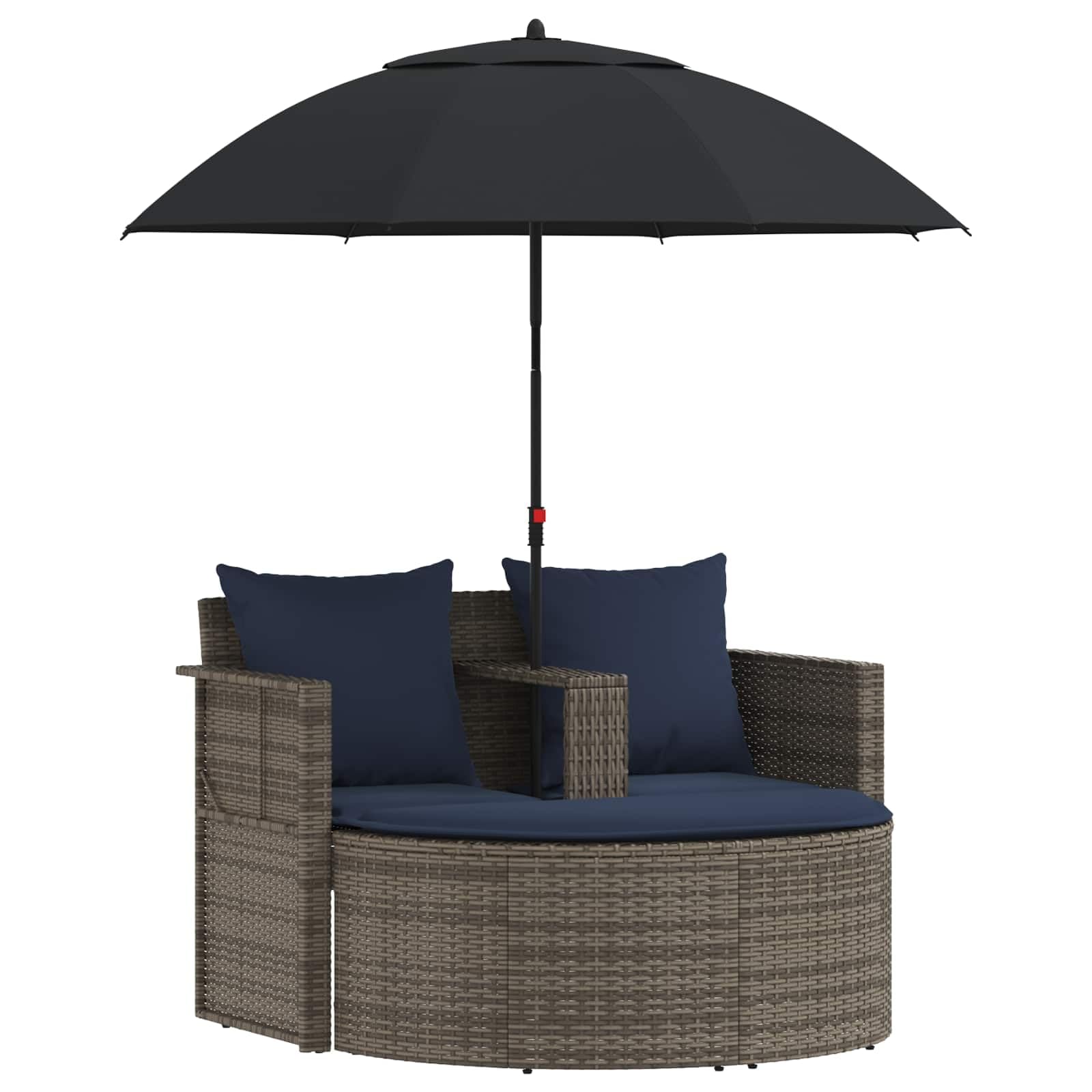 Divano da Giardino 8 Pz in Polyrattan Grigio e Blu | Salotto da esterno con parasole regolabile e cuscini imbottiti, ideale per arredare il patio o il bordo piscina.