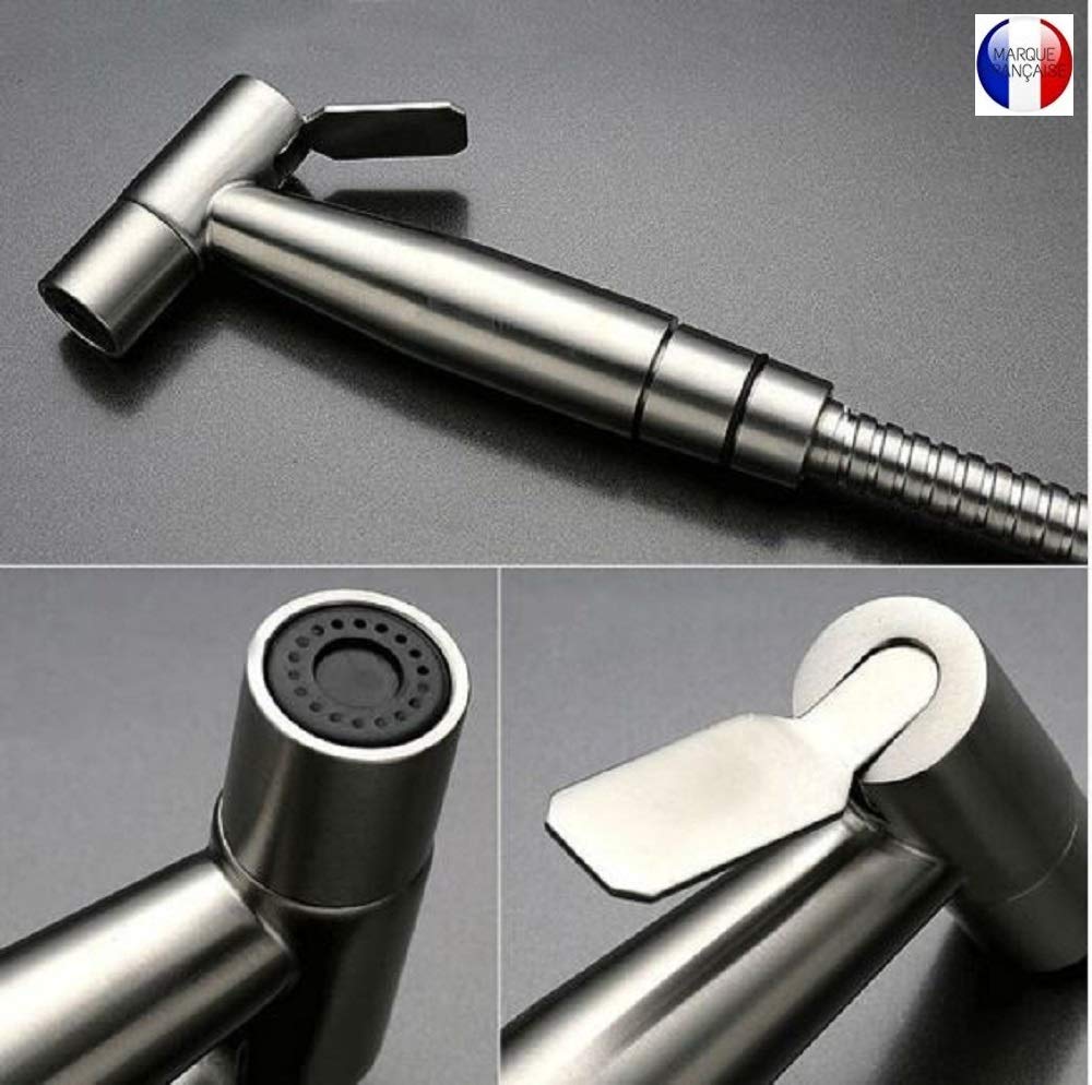 BbfStyle - Marque Française - SUS 304 - Kit douchette WC pour l'hygiène intime - Avec Vanne 3 voies aux Standard Français (3/8"-12x17mm) - Métallique - Finition Nickel Brossé - Taharat