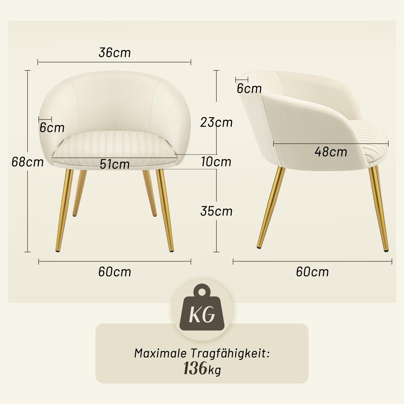 Hellove Schminktisch Stuhl aus Samt, Schminkstuhl Modern Polsterstuhl mit Metallbeinen, Relaxsessel, Vanity Sessel, Elegant Loungesessel, Armlehnstuhl für Schlafzimmer & Wohnzimmer, Beige