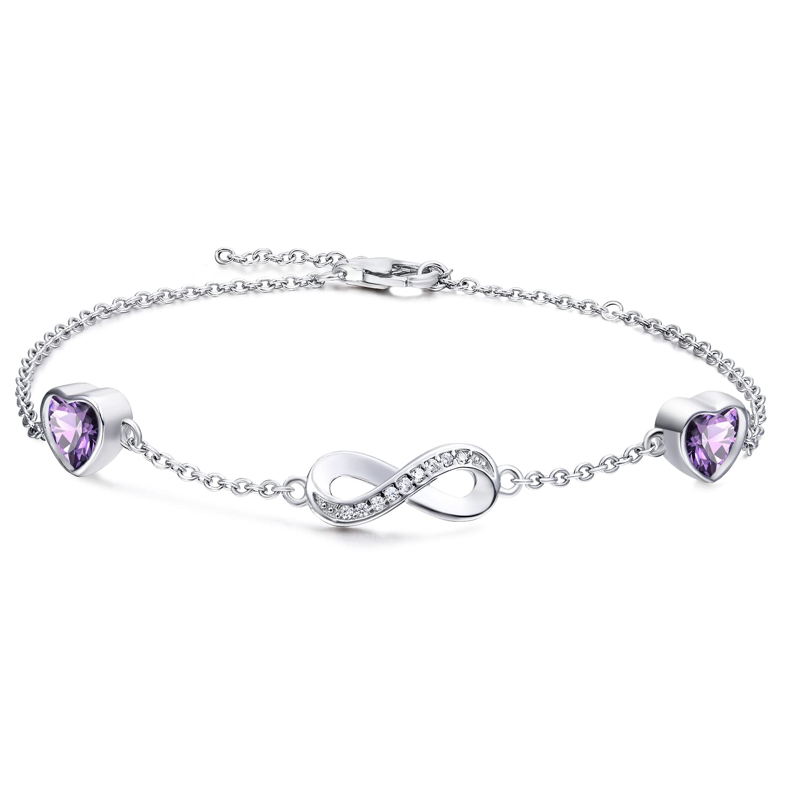 Qings Infinito Pulsera Mujer Plata de Ley 925 Infinito Símbolo Corazón Pulsera Ajustable con Encanto de 2 Piedras de Nacimiento Navidad Cumpleaños Día de San Valentín Joyería Regalo para Niñas Mamá